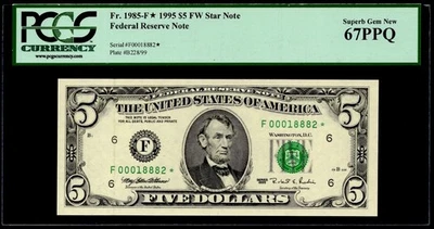 1995 $5 FRN ATLANTA FR: 1985-F*. PCGS: 67 PPQ. LOW RUN RARE GRADE FANCY LOW S/N. - Image 1 of 4