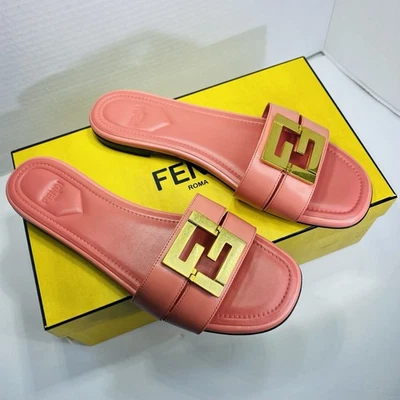 SANDALIAS FENDI PLEGABLES DE CUERO ROSA CON LOGOTIPO FF DORADO TACÓN PLANO TALLA 39 NUEVA TEMPORADA Foto 1 de 4