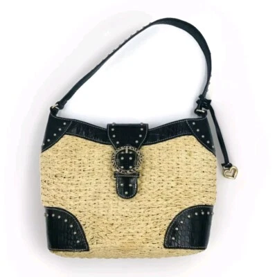 Bolso de Mano de Paja Tejido de Diseñador BRIGHTON Bolso de Cuero Negro Bolso con Dije Vibraciones de Verano Foto 1 de 4