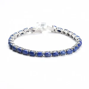 Oval Blue Lapis Lazuli Gemstone Sterling Silver Tennis Bracelet  7" inches - Picture 1 of 3