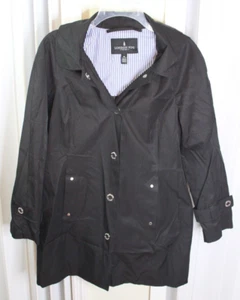 London Fog Petite Medium Trench Regenmantel silber Druckknopf schwarz Kapuze - Bild 1 von 7