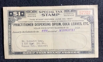 US SPECIAL TAX STAMP - Practitioner Dispensing Opium, Coca Leaves, Etc. - 1937 - Image 1 of 4