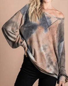 Batik Pullover Damen Langarm leicht French Terry Mokka anthrazit S L - Bild 1 von 3