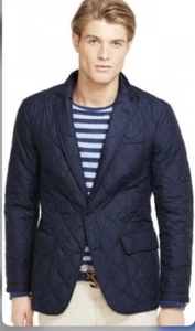 $345 Polo Ralph Lauren Large Quilted Blazer Jacket RRL Coat Navy Blue Leather 44 - Picture 1 of 8