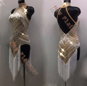 L2640 Mujer Baile Ritmo/Latino Vestido UK 8 US 6 Desnudo/Blanco Cuello Alto - Imagen 1 de 1