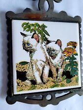 Vintage Cast Iron Frame Kitty Cats Flowers Ceramic Tile Kitchen Hang Trivet Art