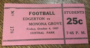 Oct 4 1957 Football Ticket High School Edgerton Vs Monona Grove Wisconsin - Picture 1 of 1