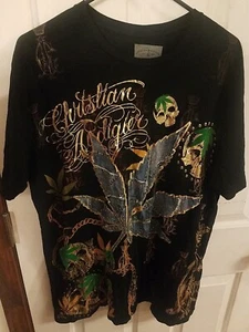Vintage Christian Audigier Shirt Los Angeles Marijuana Skulls Men Size XXL Black - Picture 1 of 4