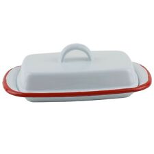 White Covered Enamel Butter Dish with Lid Red Trim Retro Farmhouse