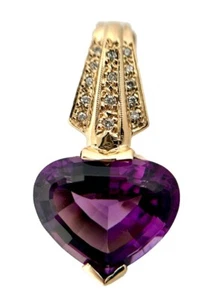 Vintage 14k Gold Large Heart Shape Amethyst Pendant With Diamonds  - Picture 1 of 20