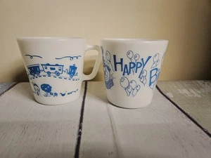 2 RARE VINTAGE PYREX MILK GLASS MUGS HAPPY BIRTHDAY & TRAIN MUG CHILDREN SERIES - Picture 1 of 5