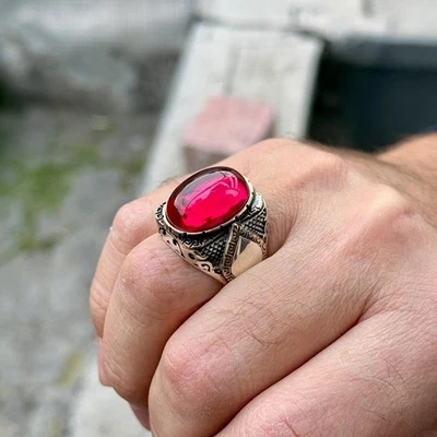Men Ruby Stone Greek Man Handmade Silver Ring - Image 1 of 4