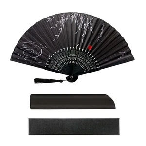 YOVOY Men's Silk Folding Fan Black Bamboo Elegant Summer Gift Set - Picture 1 of 4