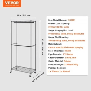 Heavy Duty Double Rod Garment Rack Storage Organizer Rolling Clothes Rack 136KG - Picture 1 of 8