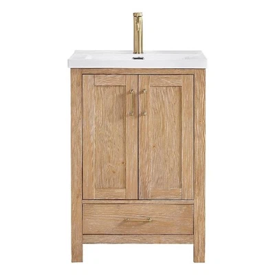 Tocador de baño Gela 24" de un solo fregadero en madera de abeto marrón con lavabo de cerámica desplegable Foto 1 de 4