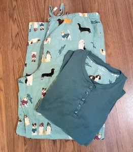LL Bean Womens PJ Set Size Large Dog Print Henley Top Drawstring Flannel Pants - Picture 1 of 13