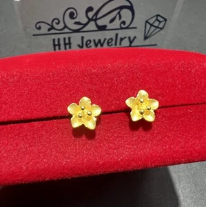 24K Solid Yellow Gold Flower Stud Earrings  - Picture 1 of 16