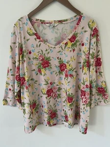 Pioneer Women's Top Blouse XXL 3/4 Sleeve Pink Red Floral V-Neck Lagenlook - Picture 1 of 10