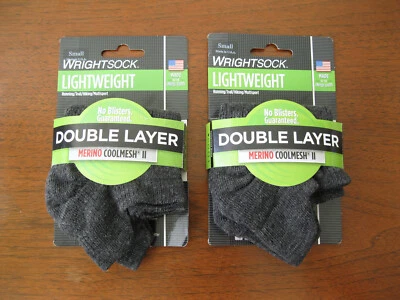 NWT WRIGHTSOCK Charcoal Gray MERINO COOLMESH II Double Layer Tab Socks S, x2 Set - Image 1 of 4