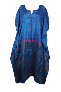 Women's Blue MAXI Kaftan Printed Recycled Loose Beach Cover Up Resort Wear Dress