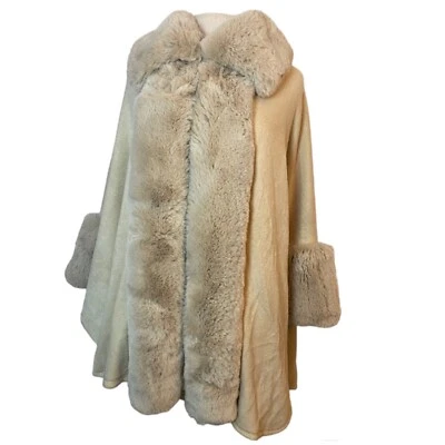 Poncho beige de gran tamaño Y2K capa abrigo de lana cuello y puños de piel de lujo OS Foto 1 de 4