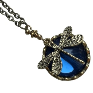 Sapphire Blue Dragonfly Necklace Glass Crystal Vintage Aura Pendant Unisex Men’s - Picture 1 of 12
