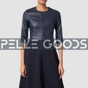 Chaqueta de cuero recortada azul marino para mujer - mangas 3/4, calce ajustado, diseño elegante - Imagen 1 de 4
