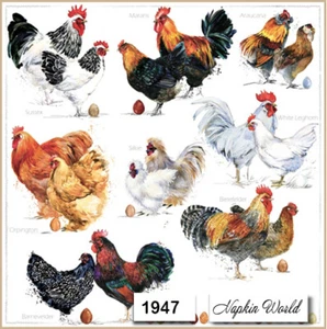 (1947) DOS servilletas artesanales artísticas decoupage de papel razas de pollo gallo gallo - Imagen 1 de 3