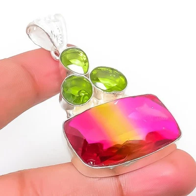 Bi-Color Tourmaline, Peridot Gemstone 925 Sterling Silver Jewelry Pendant 1.97" - Image 1 of 4