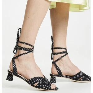 Loeffler Randall Leia Sandals Black Polka Dot Ankle Wrap Low Block Heel Sz 5.5 - Picture 1 of 13