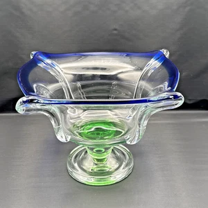 Art Glass Serving Fruit Bowl Mid Century Modern Blue/ Green/ Clear Glass - Picture 1 of 8