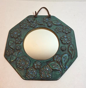 Espejo de pared redondo Studio Pottery vintage azul marrón esmalte brillante 9 pulgadas - Imagen 1 de 6