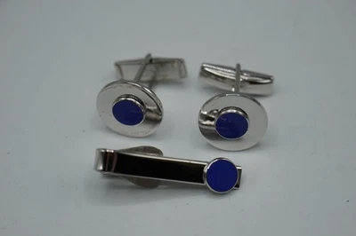 Set Di Gemelli E Clip Per Cravatta In Argento Con Smalto Blu Vintage 2.5cm - Immagine 1 di 4