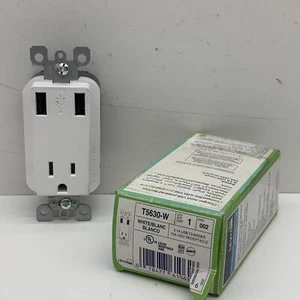 Leviton T5630-W Dual 2.5VDC 2.1A USB Charger & Outlet Receptacle 15A 125V White - Picture 1 of 9