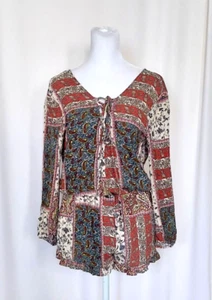 American Eagle Romper Women Small Brown Blue Paisley Long Sleeve Tie Front Short - Picture 1 of 6