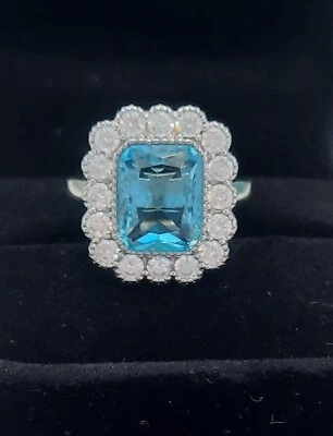 Stunning Aquamarine and Crystal Cocktail Silver Plated Ring Size L. - Image 1 of 3