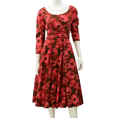 Vestido de mujer vintage años 50 XS rojo floral cintura imperio cuello redondo falda completa Foto 1 de 4