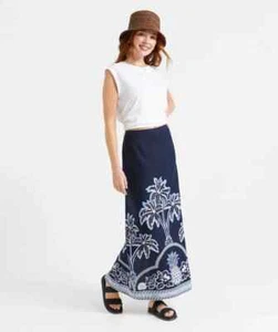 Sportsgirl Maxi Skirt Womens 8 Blue Linen Blend Palm Tree Slit Resortwear NWT - Picture 1 of 13