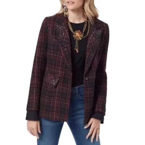 Sam Edelman Margot blazer Mabel plaid Embellished Maroon Black Size M - Picture 1 of 12
