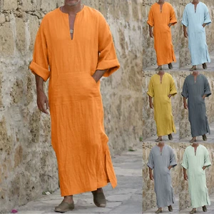 Men's Caftans V-Neck Cotton Linen Home Robes Side Split Kaftan Muslim Long Gown - Picture 1 of 20