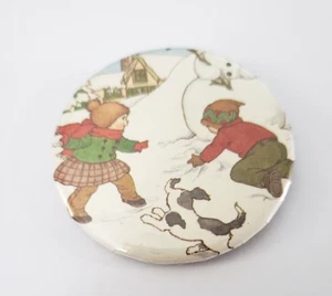 Children Making Snowman Dog Winter House Pinback Button - Bild 1 von 2