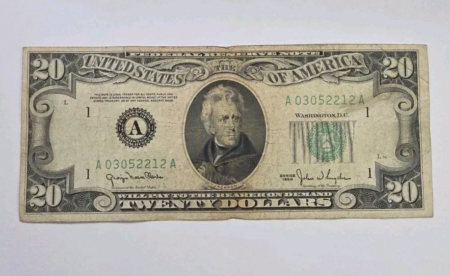 Банкнота Федерального резерва номиналом 20 долларов серии A 1950 г. Бостон — красивая форма! - Изображение 1 из 2