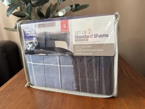 Set of 2 Better Homes & Gardens Patchwork Blue Frayed Edge Standard Shams Cotton - Picture 1 of 10