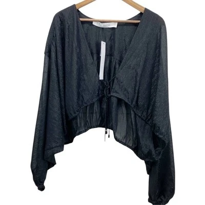 NUEVO IRO Mujer 44 (12) Drinera Manga Abullonada Top Corbata Frontal Negra Brillante Foto 1 de 4