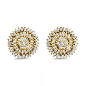 Lab Grown Diamond Cluster Stud Earrings 1 CT Round & Baguette 925 Sterlin Silver - Picture 1 of 7