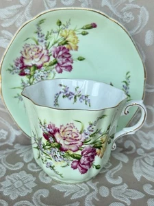 Vintage Royal Grafton Light Green With Carnations Tea cup saucer England. - Picture 1 of 20
