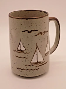 Vintage Sailboat Nautical Ocean Stoneware Mug Seagulls 4” Holds 13 oz. liquid - Picture 1 of 5