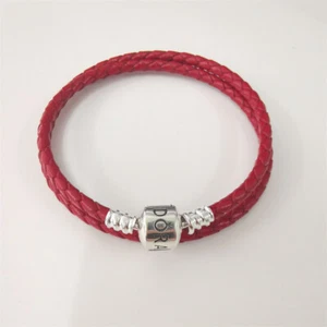 S925 Bracciale Pandora Doppio Tessuto ROSSO Intrecciato PELLE UK - Foto 1 di 4
