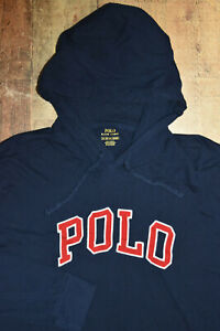Polo Ralph Lauren Spellout Pullover Hoodie Navy Men's XXL 2XL Patch EUC      B30