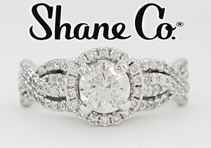Shane Co Round Brilliant Crossover Halo Engagement Ring 1.03 ct 14K W Gold $4k